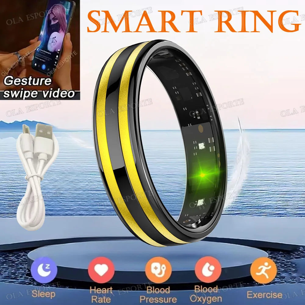 A black and gold smart ring is shown with accompanying wires, positioned above icons for sleep, heart rate, blood pressure, o