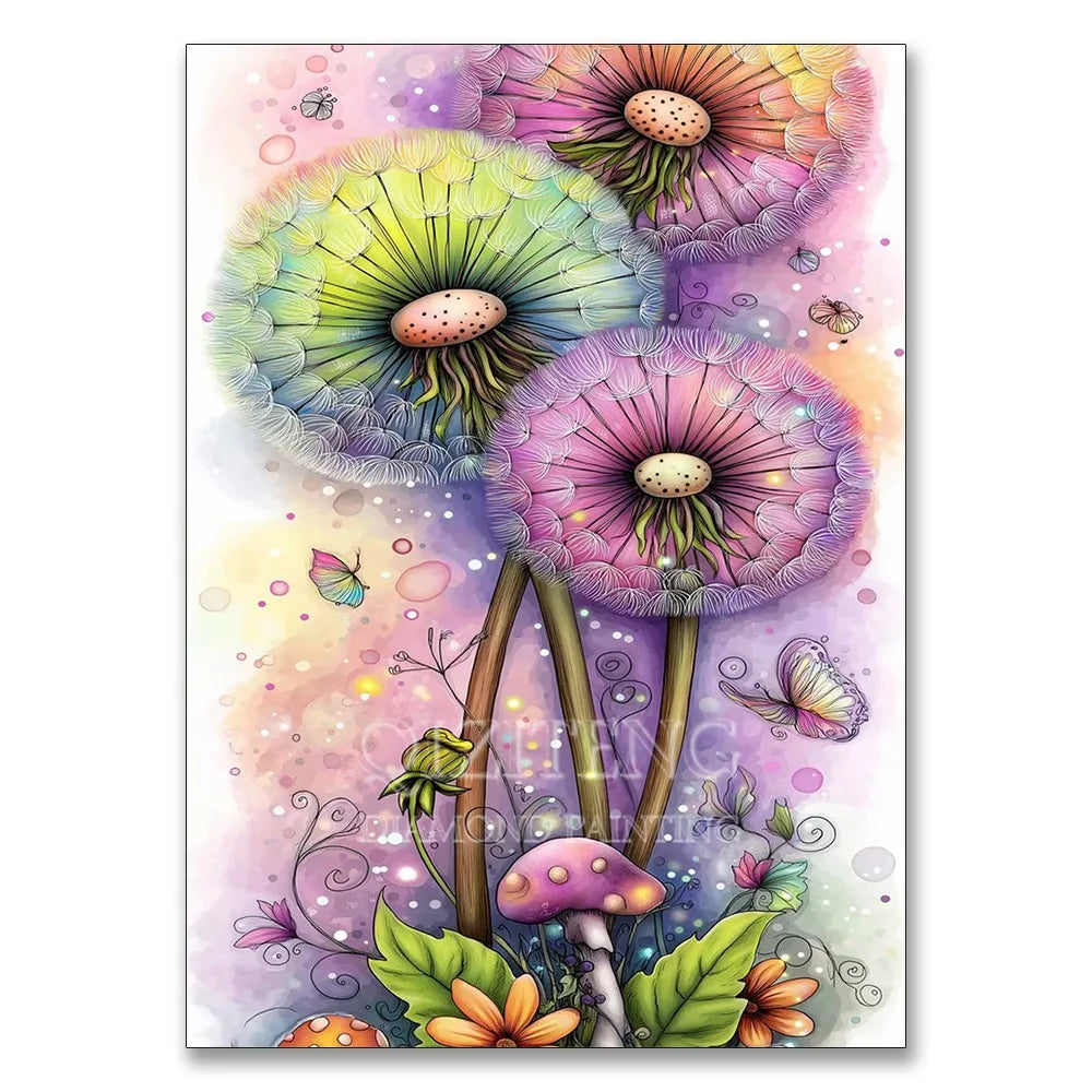 A vibrant painting featuring three large, colorful flower-like shapes with detailed petals and seeds on a light background.