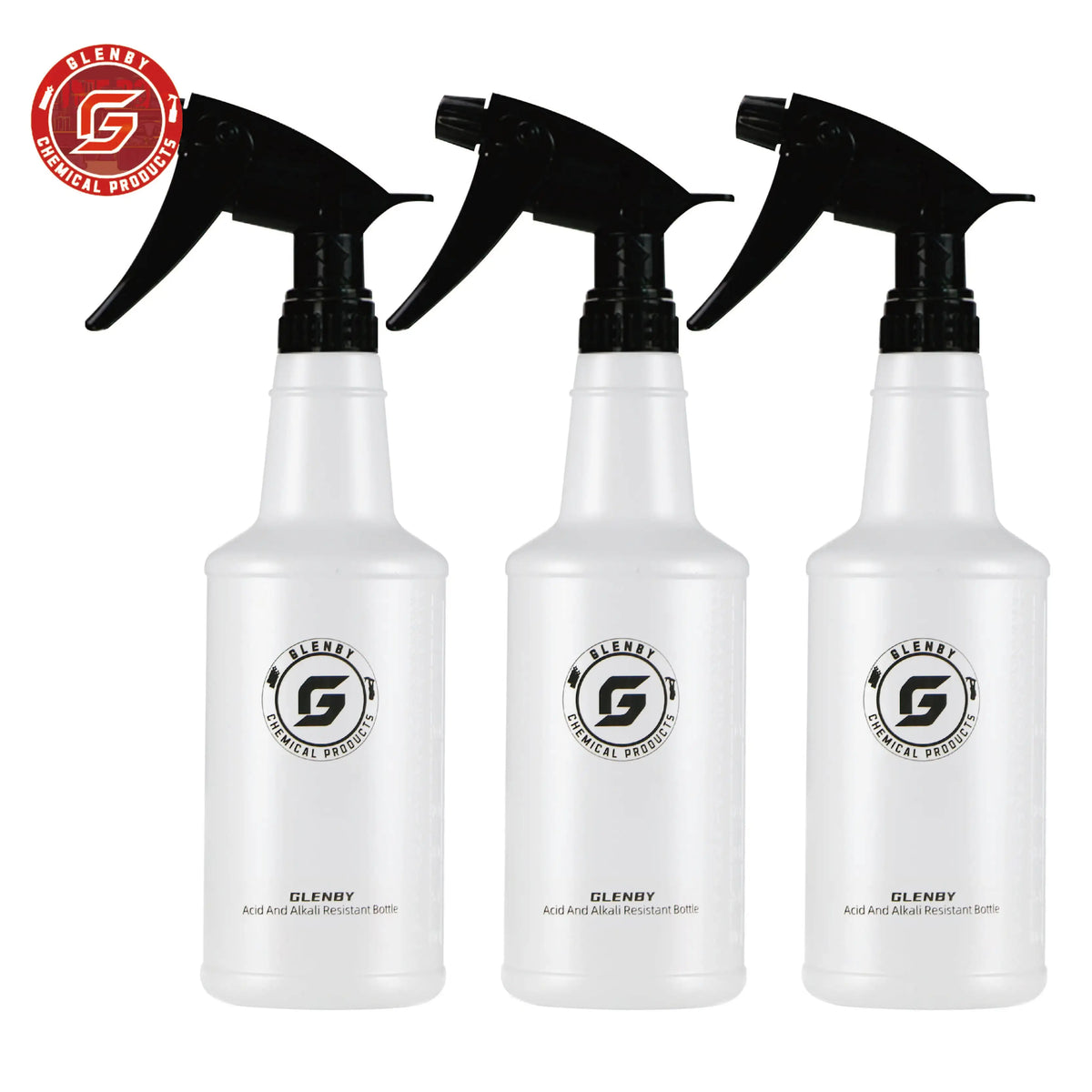 Three black spray bottles with white labels and pump sprayers for cleaning products