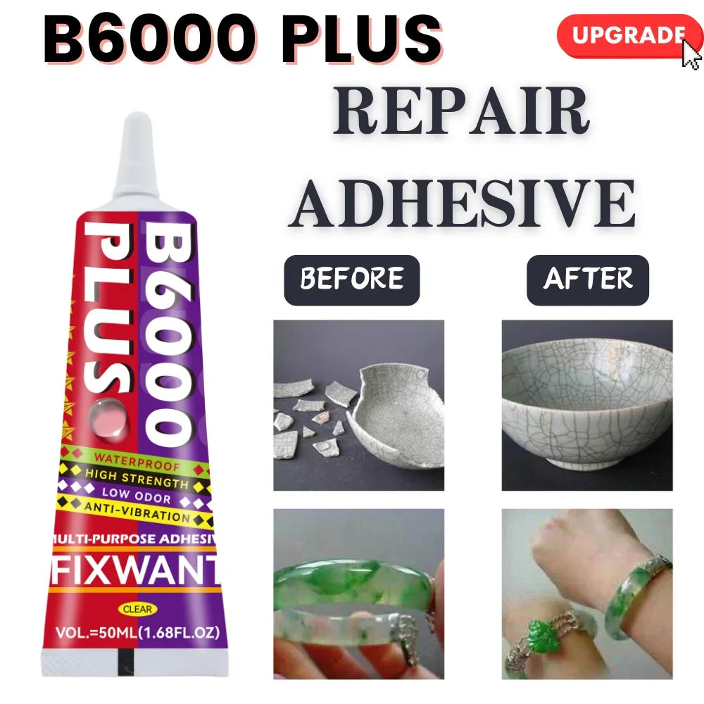 A bottle of B6000 PLUS repair adhesive shown with before and after images demonstrating its use on various materials.