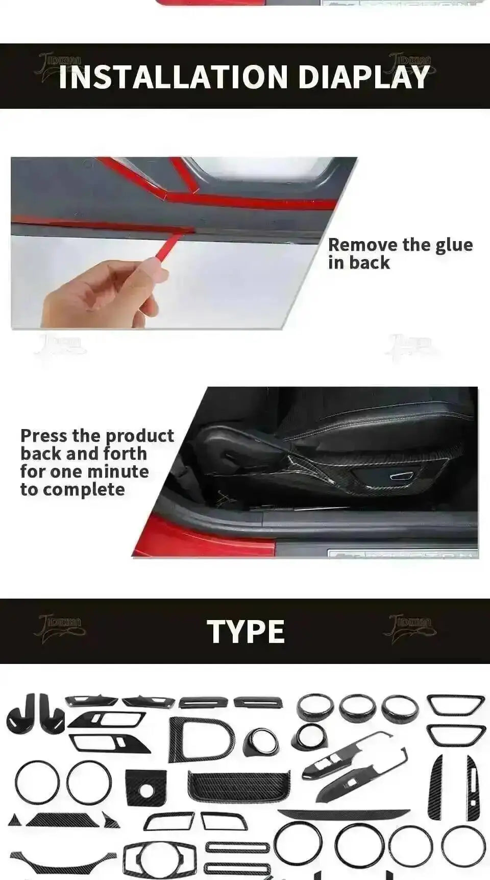 Installation display showing steps to remove glue and press the product back onto a car trim piece.