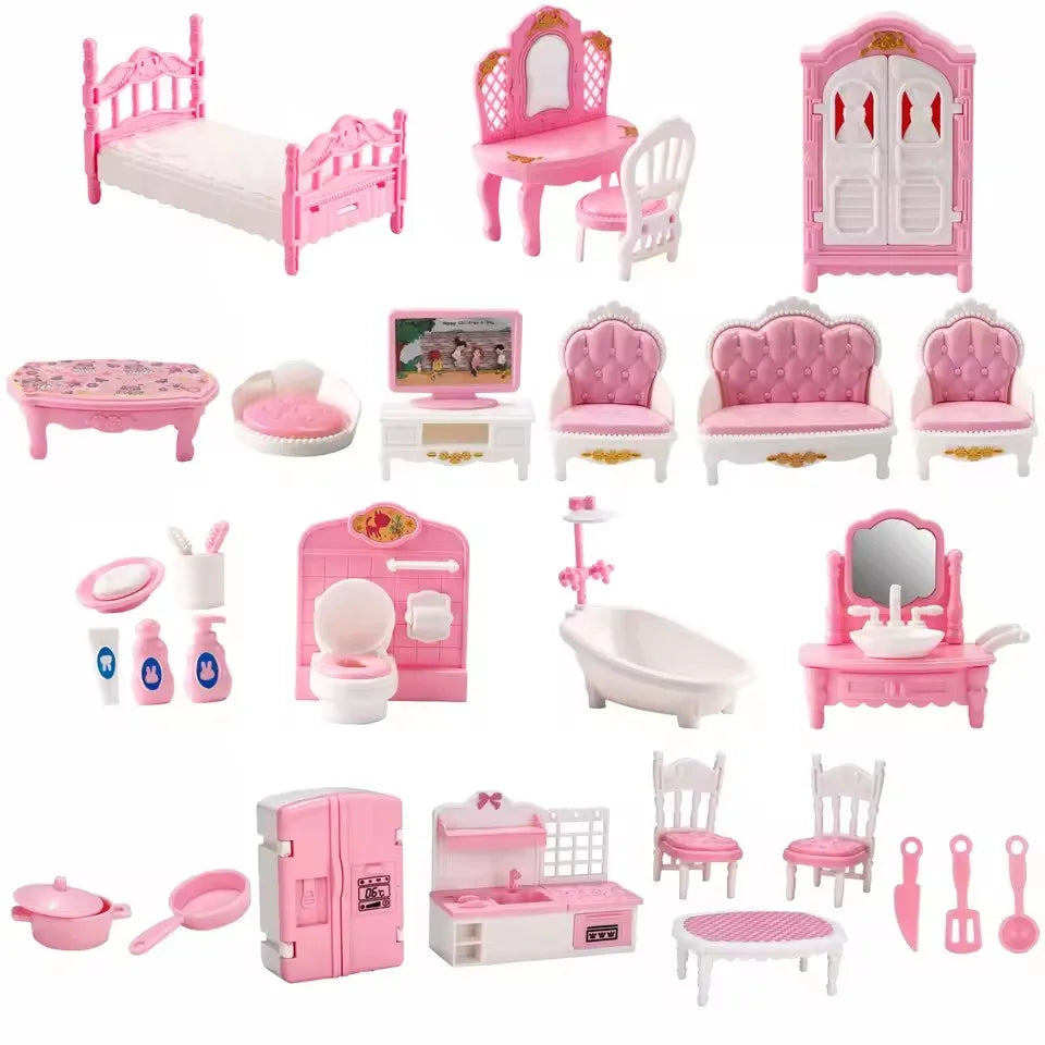 A set of pink dollhouse furniture including a bed, sofa, mirror, and various accessories for miniature rooms.