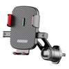 A black universal gravity car phone holder with a hook clip mounted on a gray base.