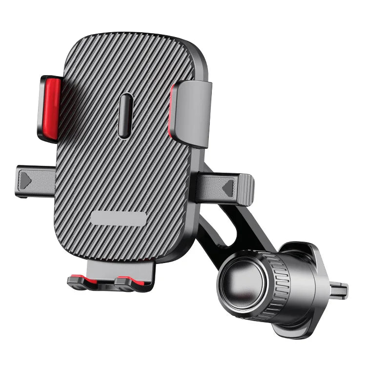 A black universal gravity car phone holder with a hook clip mounted on a gray base.