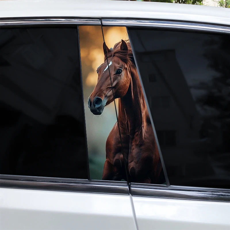 A close-up view through a car window showing a brown horse's head.