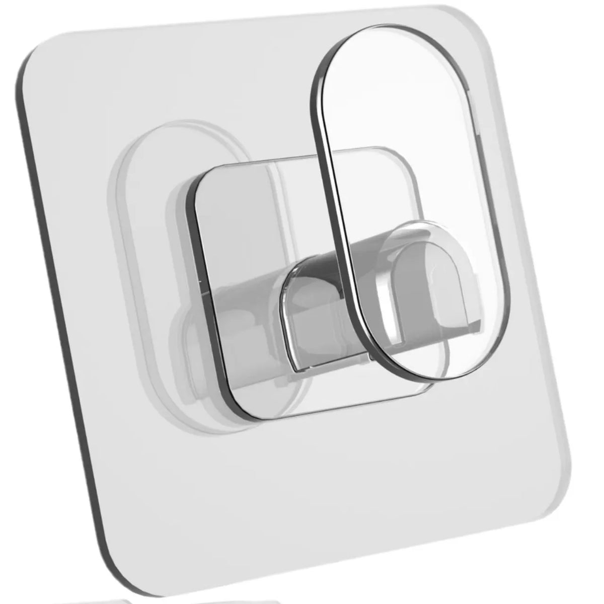 Clear adhesive hooks for heavy-duty organization featuring a large hook and a smaller hook.