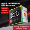 Digital inclinometer device with a black display and green accents, showing high accuracy features.