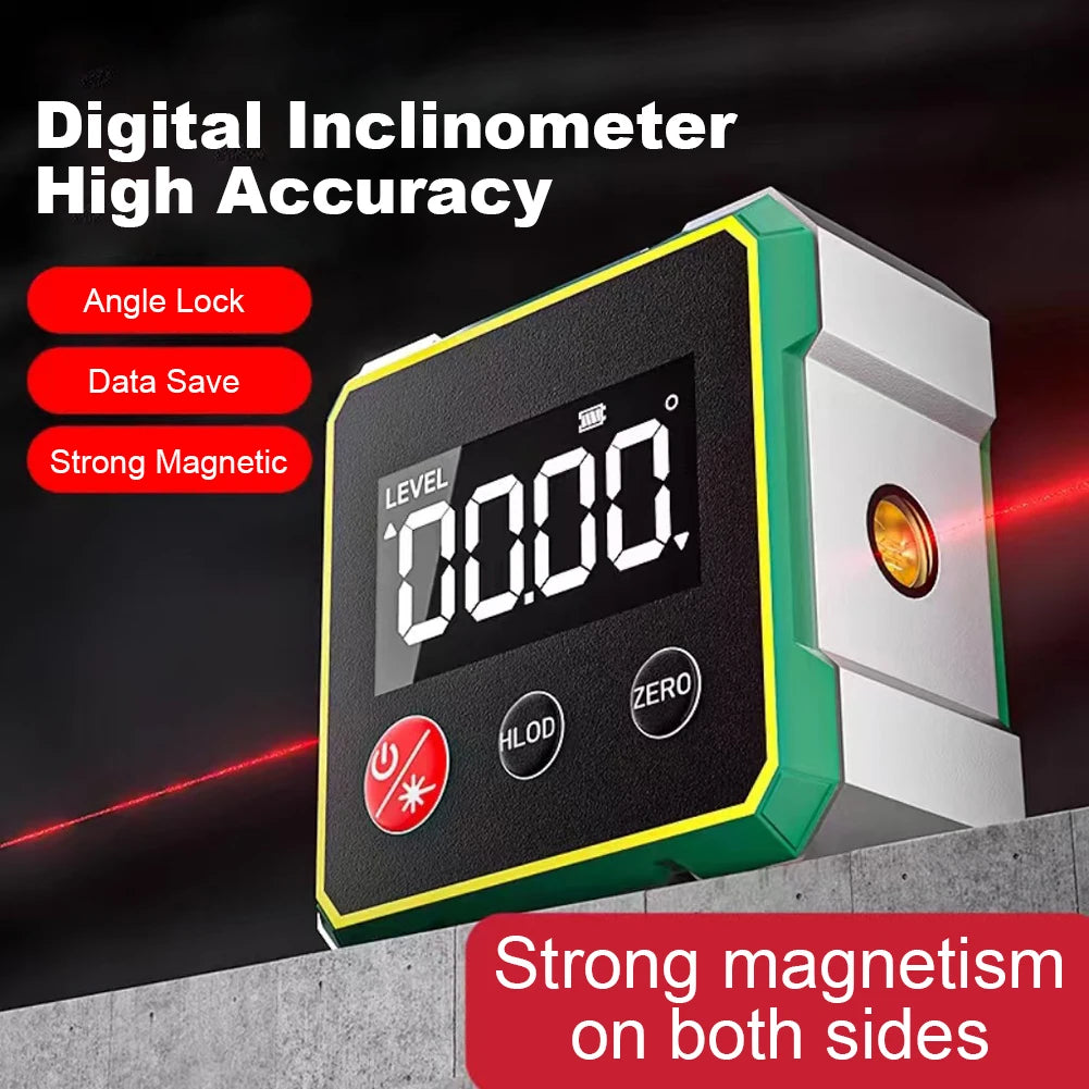 Digital inclinometer device with a black display and green accents, showing high accuracy features.