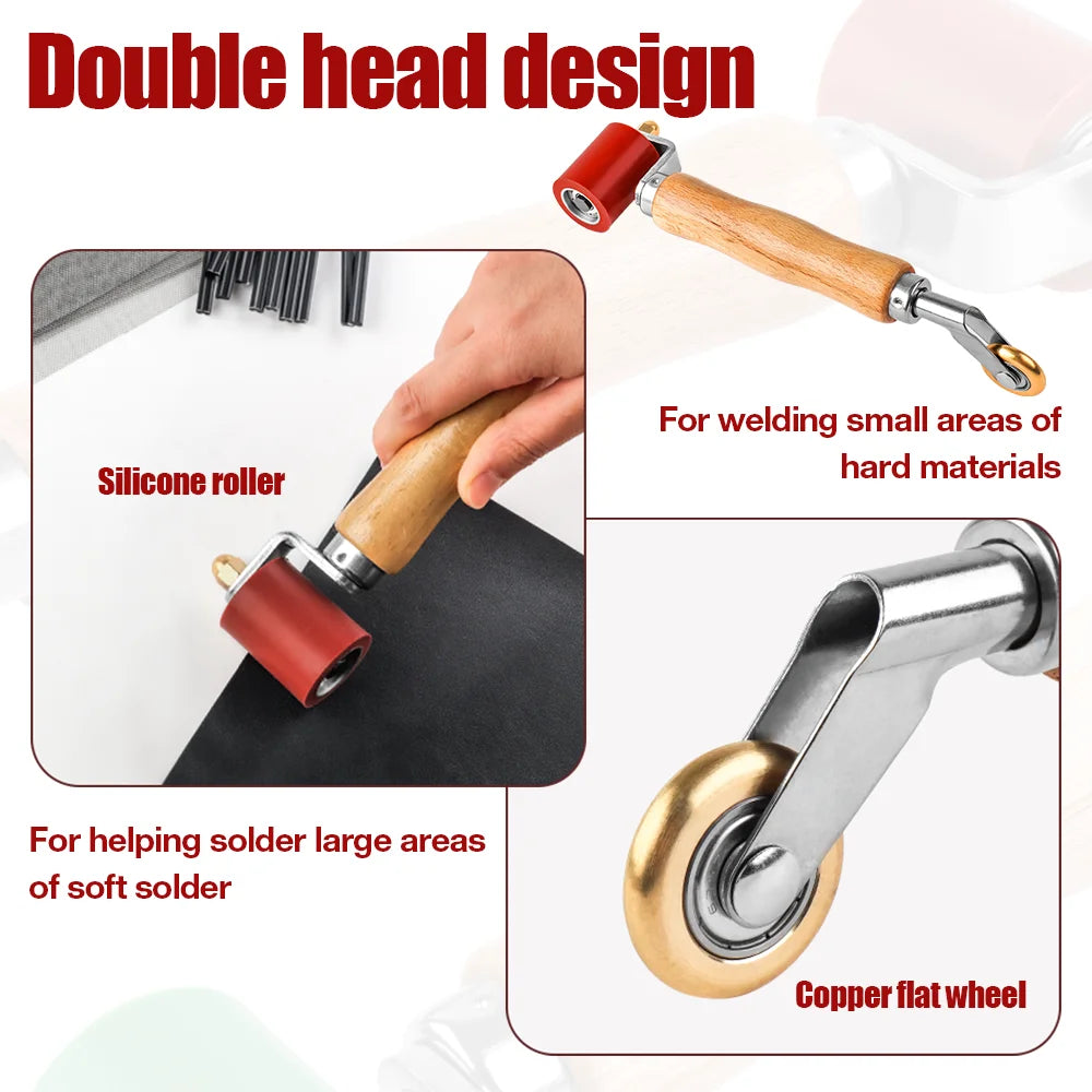 A double-headed silicone roller tool used for welding small areas of hard materials and soldering large areas of soft solder.