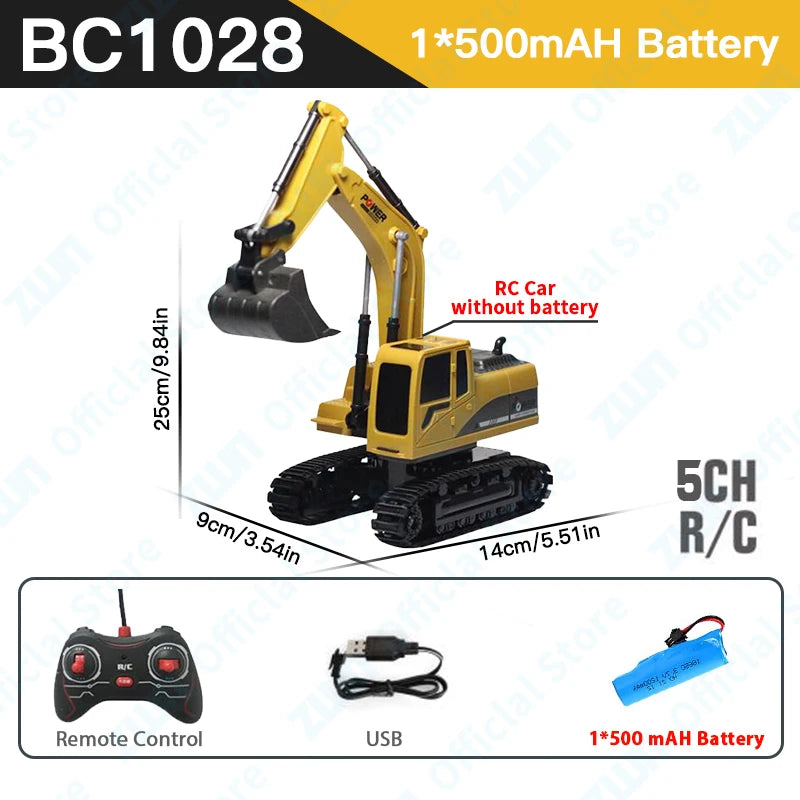 Yellow RC Car excavator with a black bucket and dump truck attachment shown next to its remote control and battery