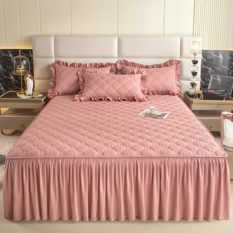 Quilted Solid Color Bed Skirt with Pleated Ruffle