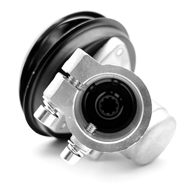 A close-up view of a durable aluminum brush cutter gearbox replacement component.