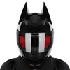 Black Bat ear full face motorcycle helmet with red visor and detachable horns