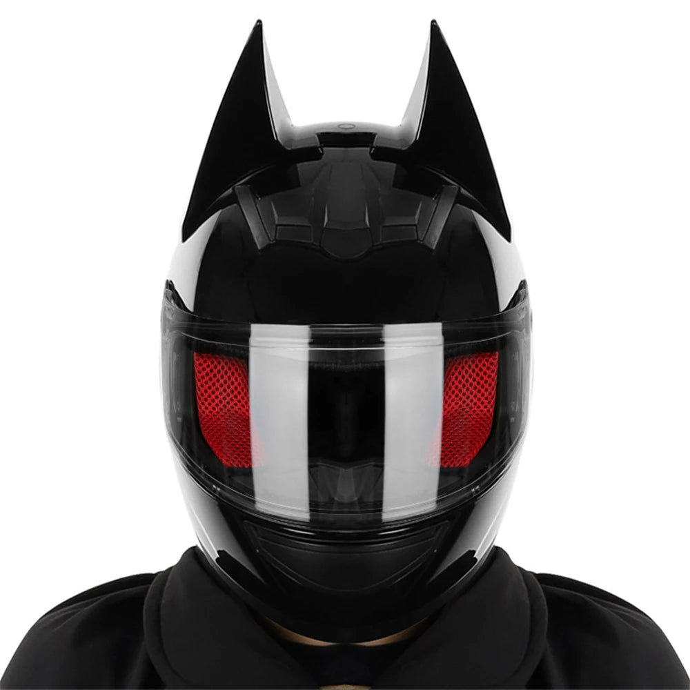 Black Bat ear full face motorcycle helmet with red visor and detachable horns