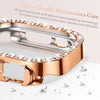 Vista cercana de una funda para Apple Watch con cristales de brillo dorado rosa (rose gold) y purpurina.