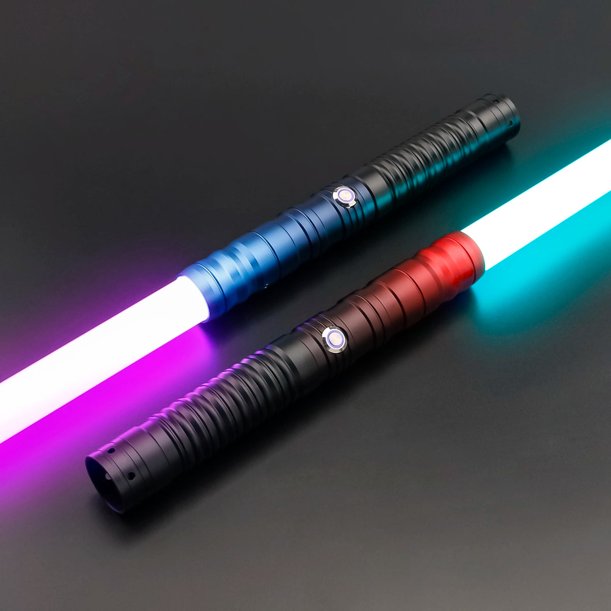 An RGB heavy dueling lightsaber with a metal hilt, featuring blue and red blade colors.