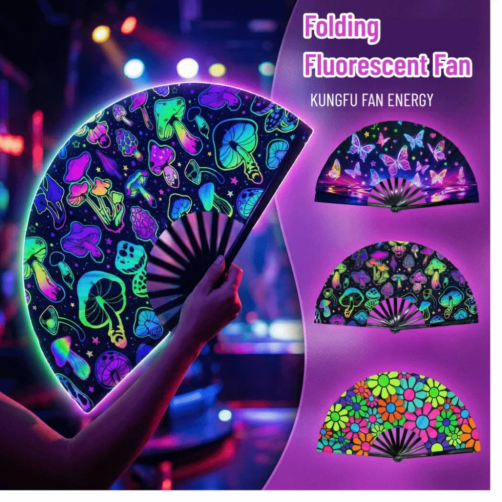 Holographic Folding Hand Fan with UV Glow Effect
