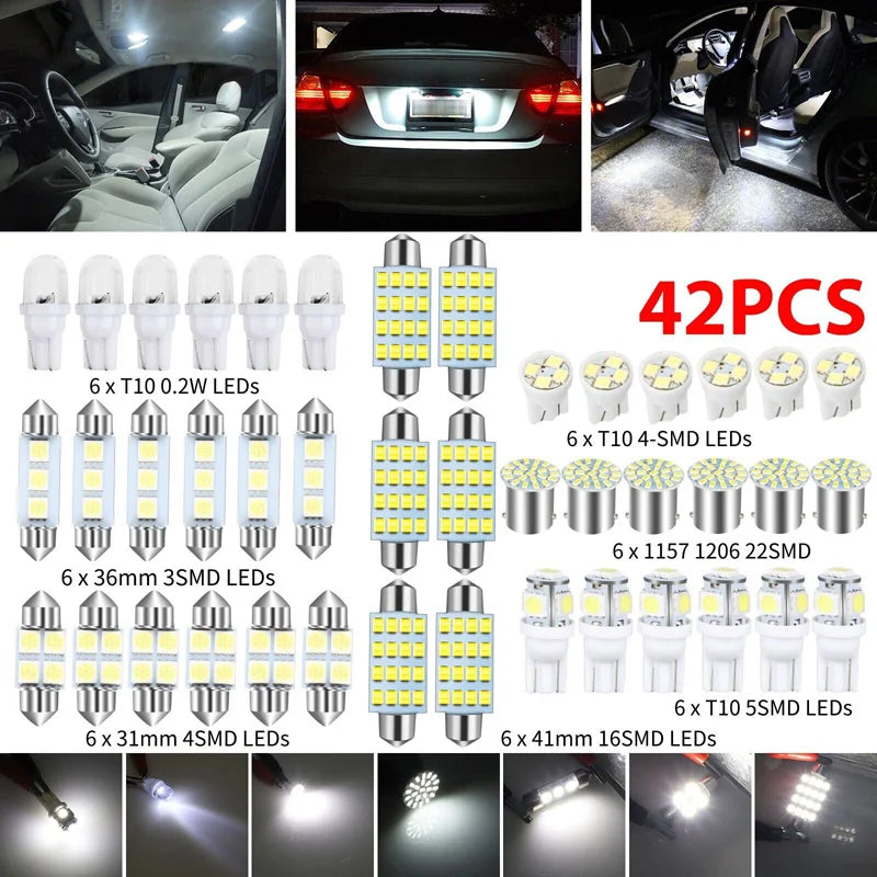A collection of various car interior LED bulbs including T10 and SMD types for dome, map, license plate, and trunk lights.