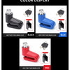 Color display showing anti-theft disc brake locks in black, blue, and red.
