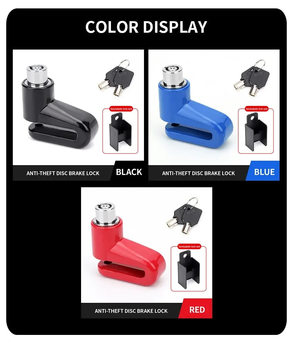 Color display showing anti-theft disc brake locks in black, blue, and red.