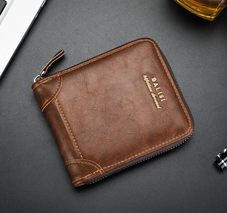 Men's Retro PU Leather Bifold Wallet with Zipper and Coin Pocket