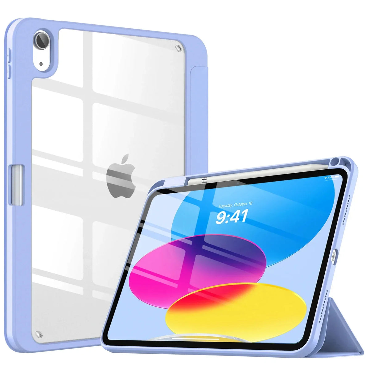 A light blue slim tri-fold stand case for an iPad with a pencil holder shown next to the device.
