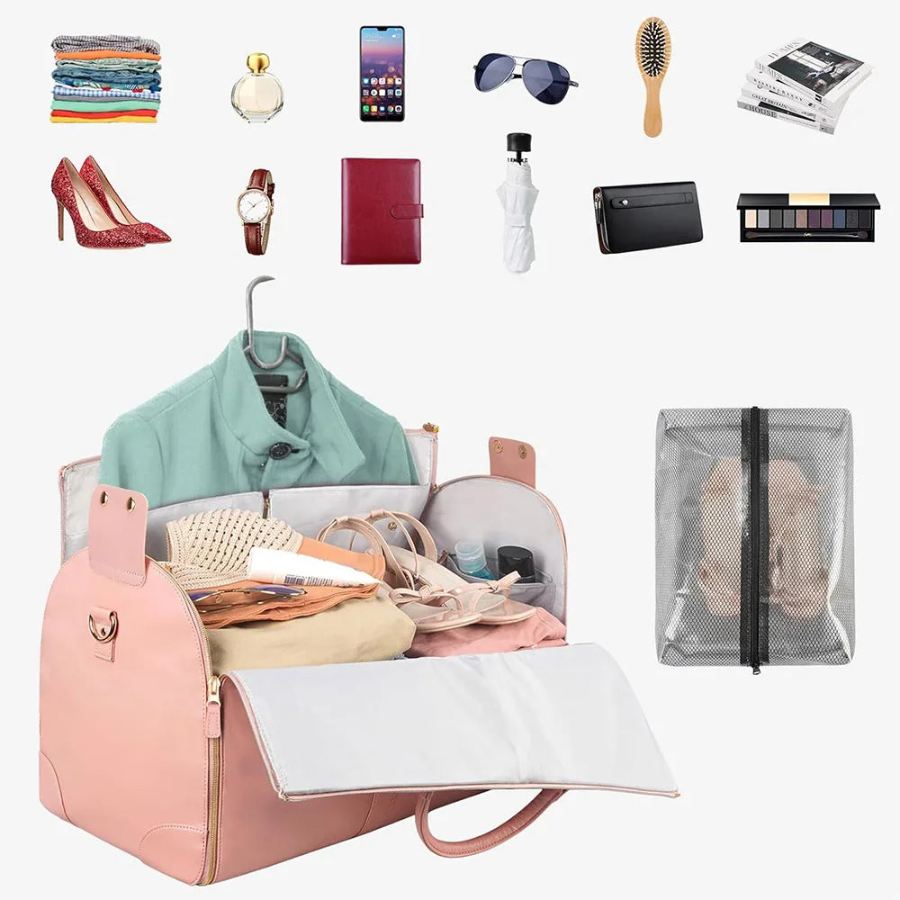 A collection of travel accessories including a duffel bag, sunglasses, jewelry, watches, and shoe pouches displayed on a whit