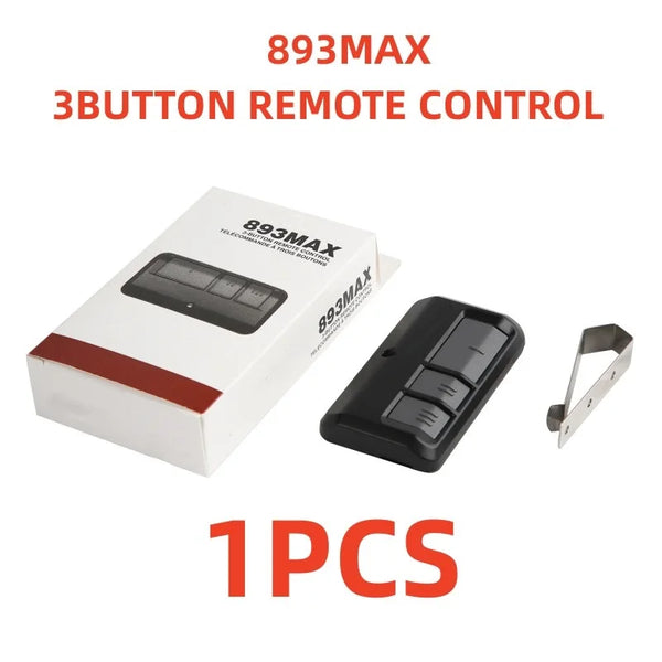A black 3-button remote control for a garage door, packaged in a white box with a metal clip.