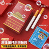 A set of funny bubble blowing pipes and related items displayed on a red background.