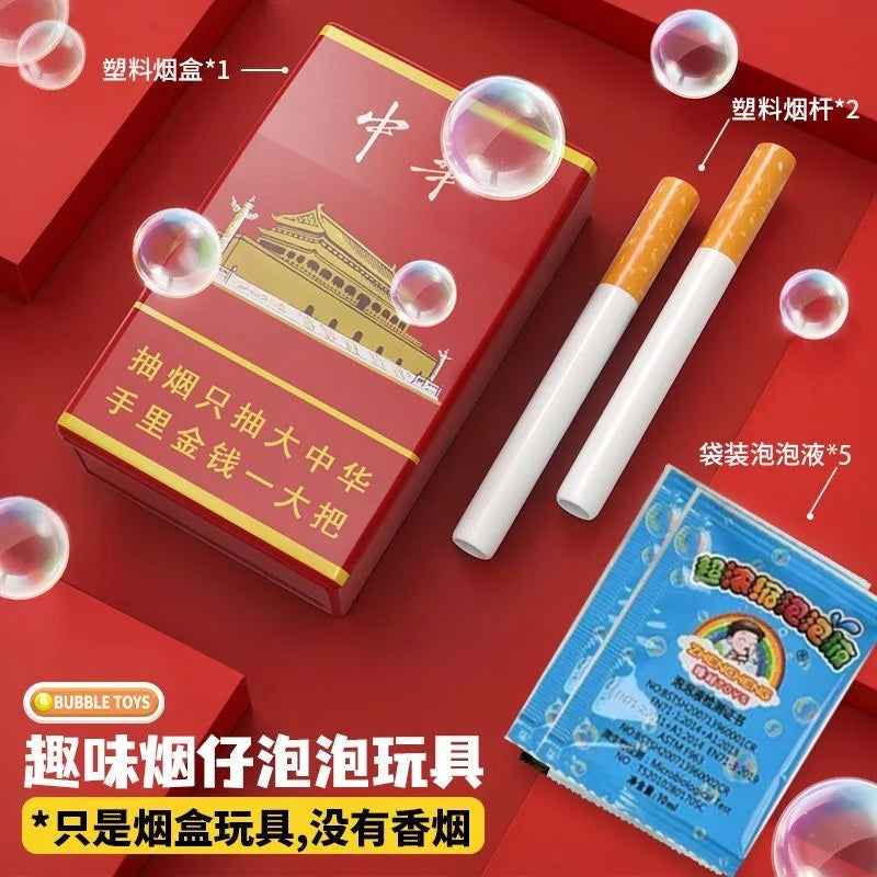 A set of funny bubble blowing pipes and related items displayed on a red background.