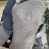 A pair of gray thermal work gloves with a dark grip are shown in clear plastic packaging.