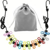 A gray retractable travel clothesline with twelve clothespins is shown against a white background.