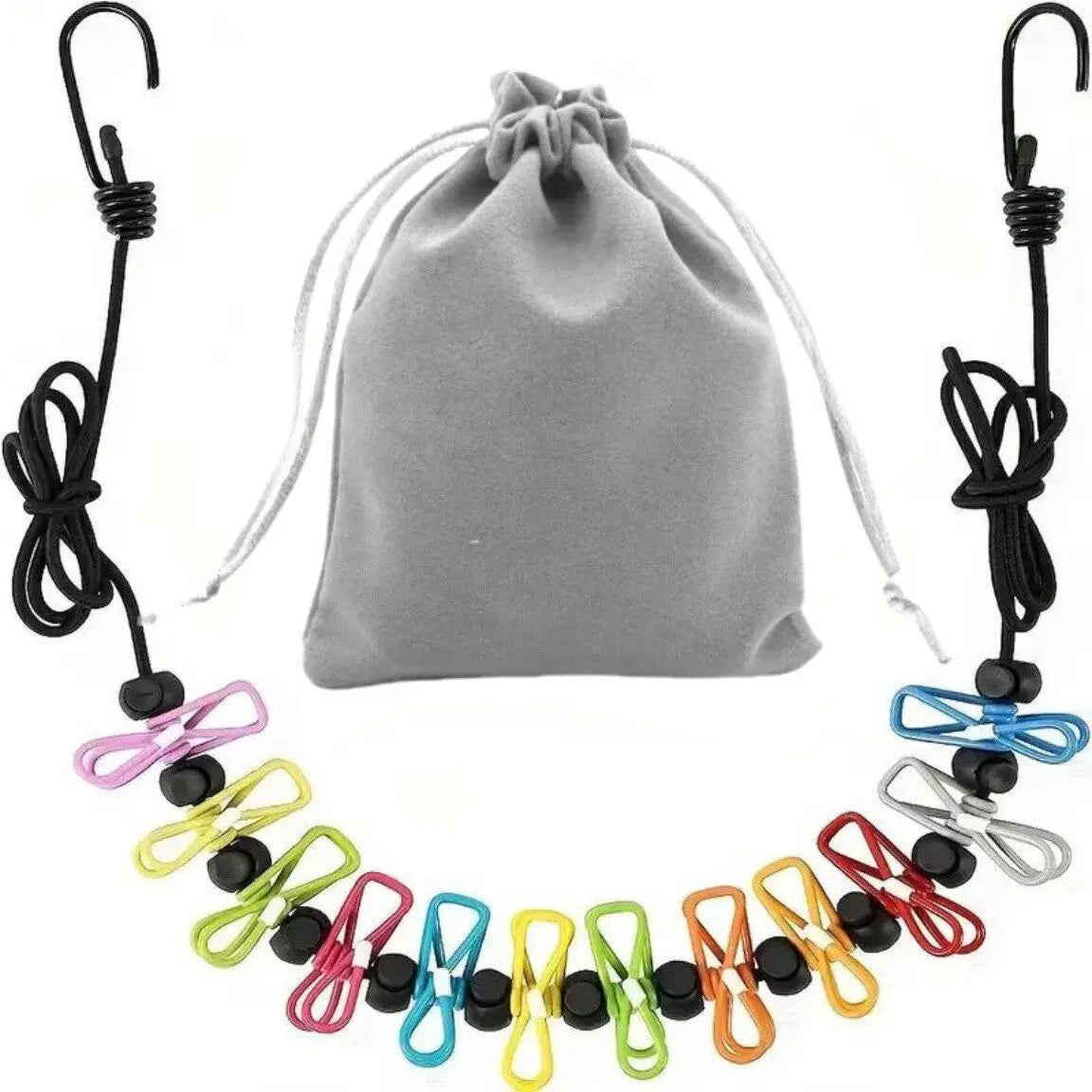 A gray retractable travel clothesline with twelve clothespins is shown against a white background.