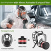 A full face respirator mask with a 40mm activated carbon filter is shown being used on a person near a car.