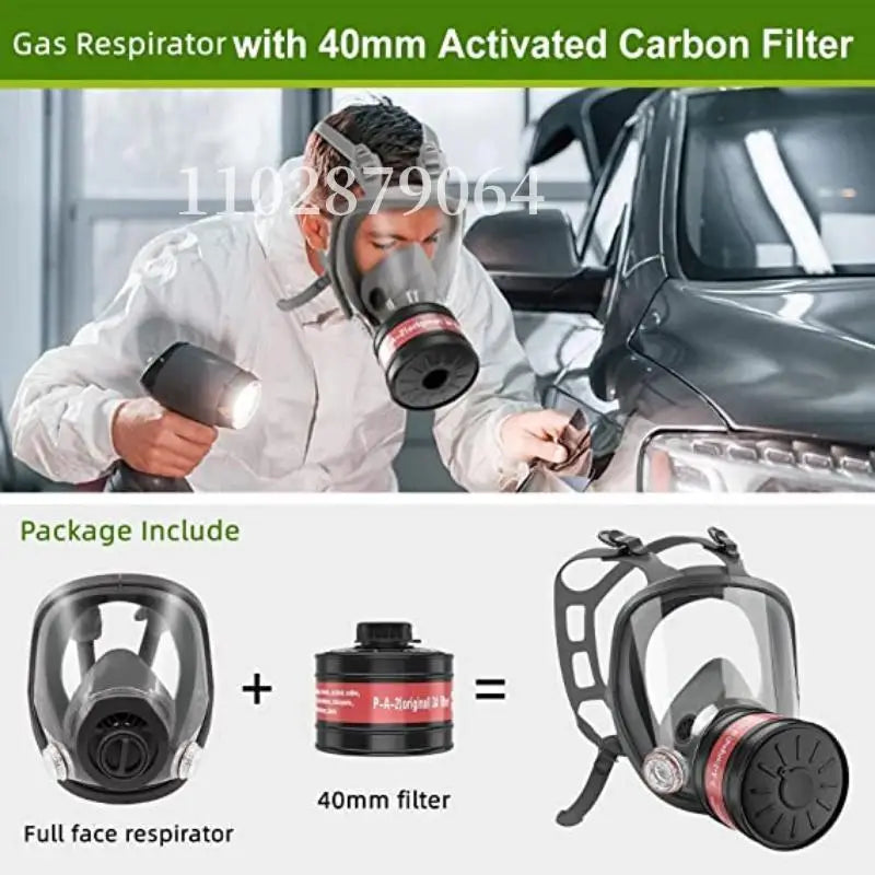 A full face respirator mask with a 40mm activated carbon filter is shown being used on a person near a car.