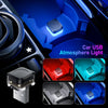A compact USB powered LED car atmosphere light is shown installed in a car interior dashboard.