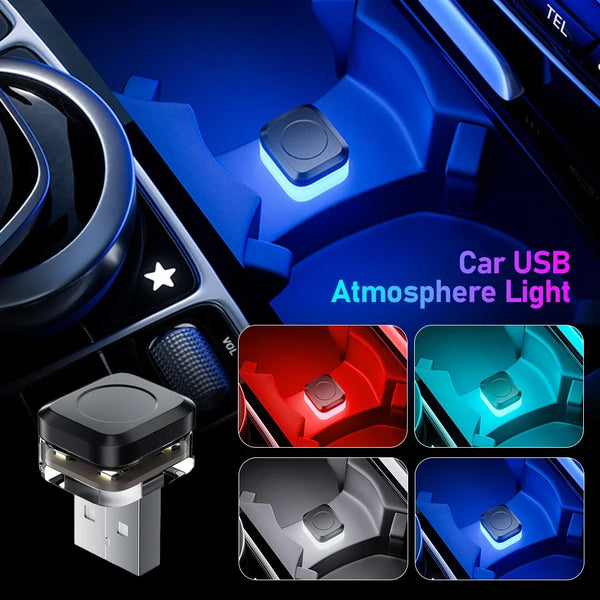 A compact USB powered LED car atmosphere light is shown installed in a car interior dashboard.