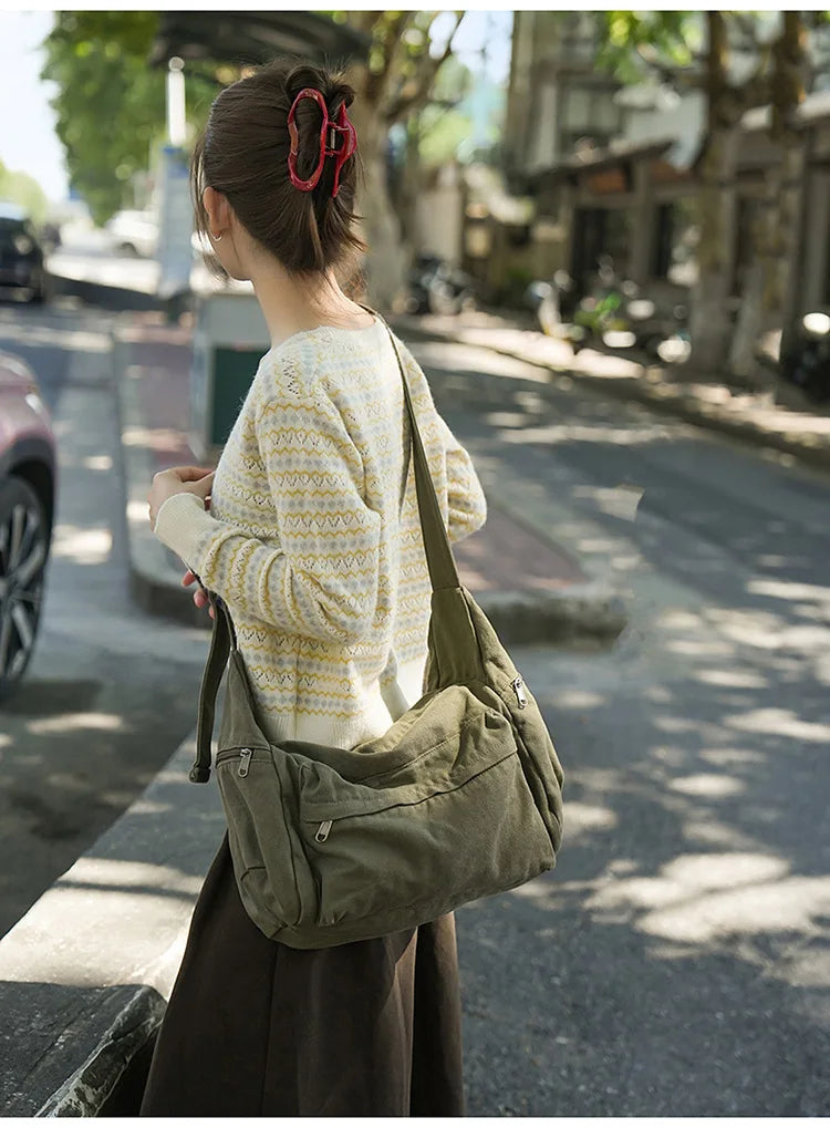 Cotton Canvas Crossbody Bag with Large Capacity