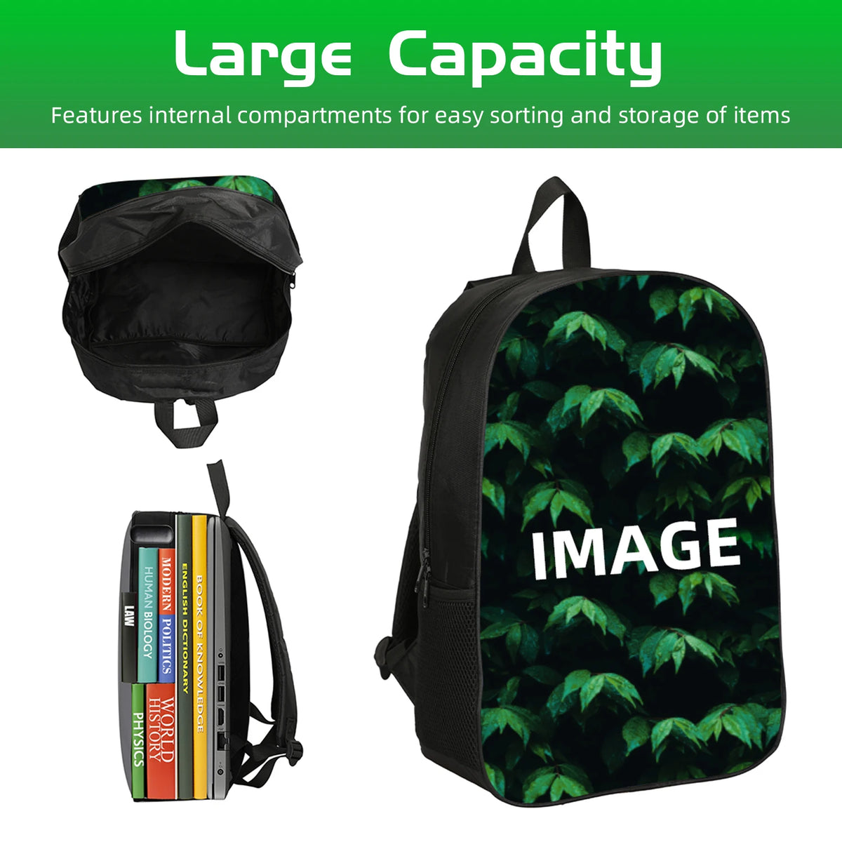 Black backpack featuring a green leaf pattern and a laptop sleeve.