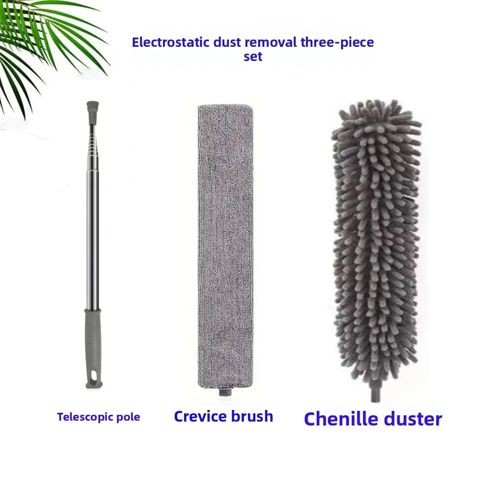 Three-piece electrostatic dust removal set including a telescopic pole, crevice brush, and chenille duster.