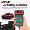 A hand holds an ANENG car battery detection tester displaying real-time voltage and battery status on an LED screen.