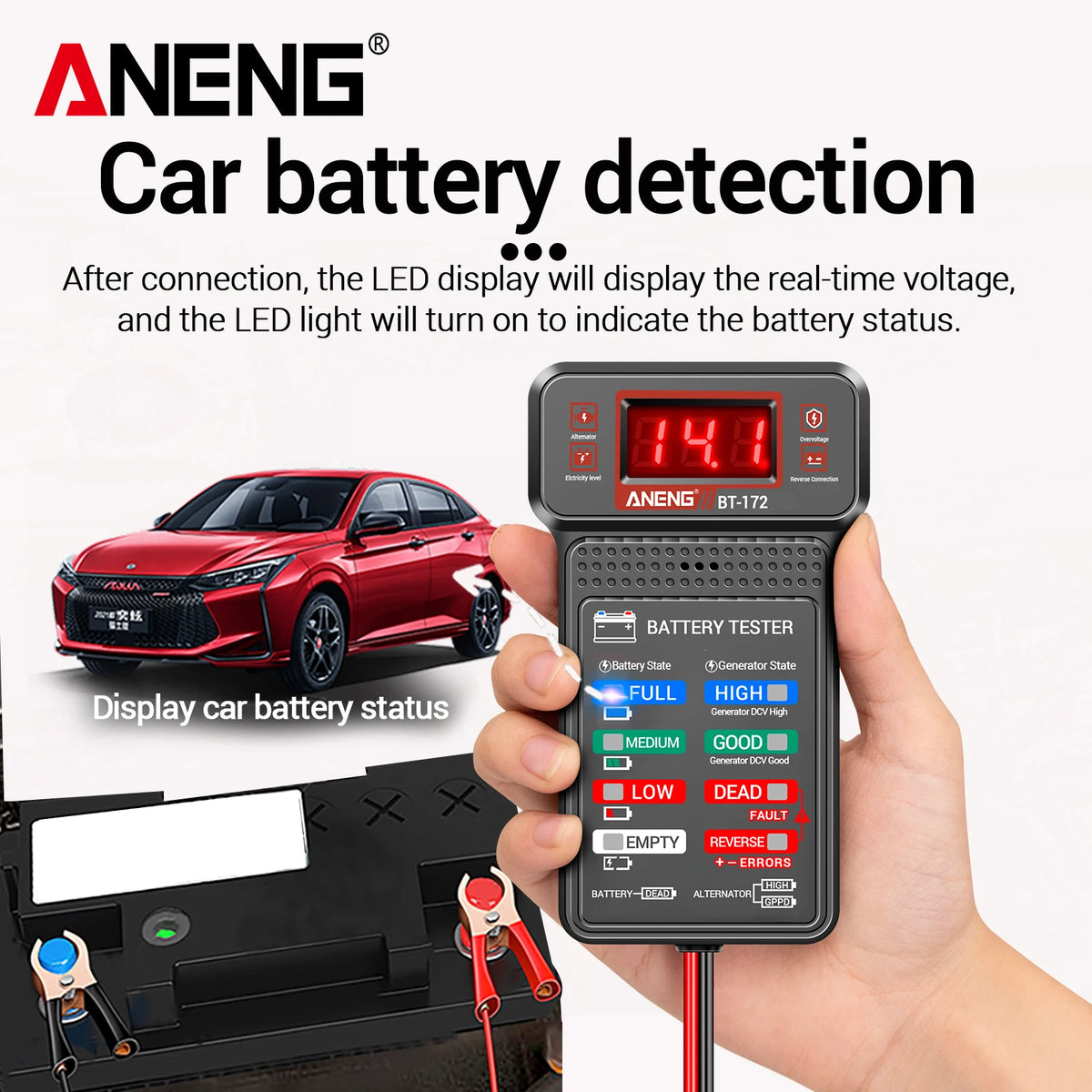 A hand holds an ANENG car battery detection tester displaying real-time voltage and battery status on an LED screen.
