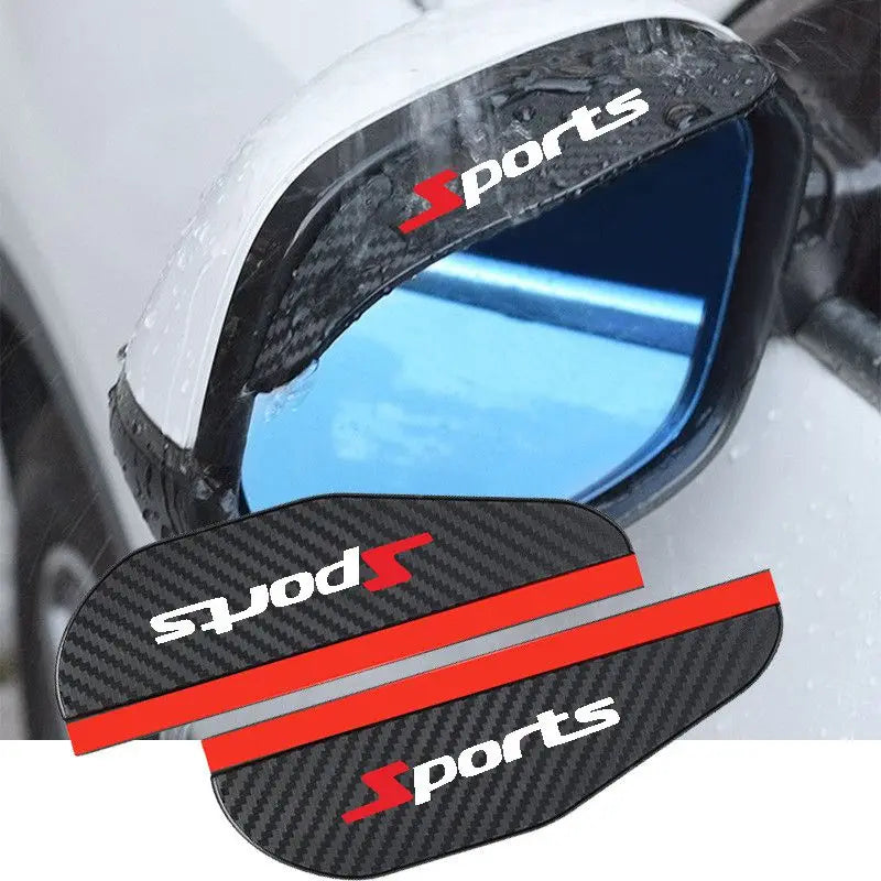 Black carbon fiber rain covers for car side mirrors with sports branding