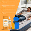 An inflatable mattress patch kit with vinyl glue and patches shown next to a person using the product.