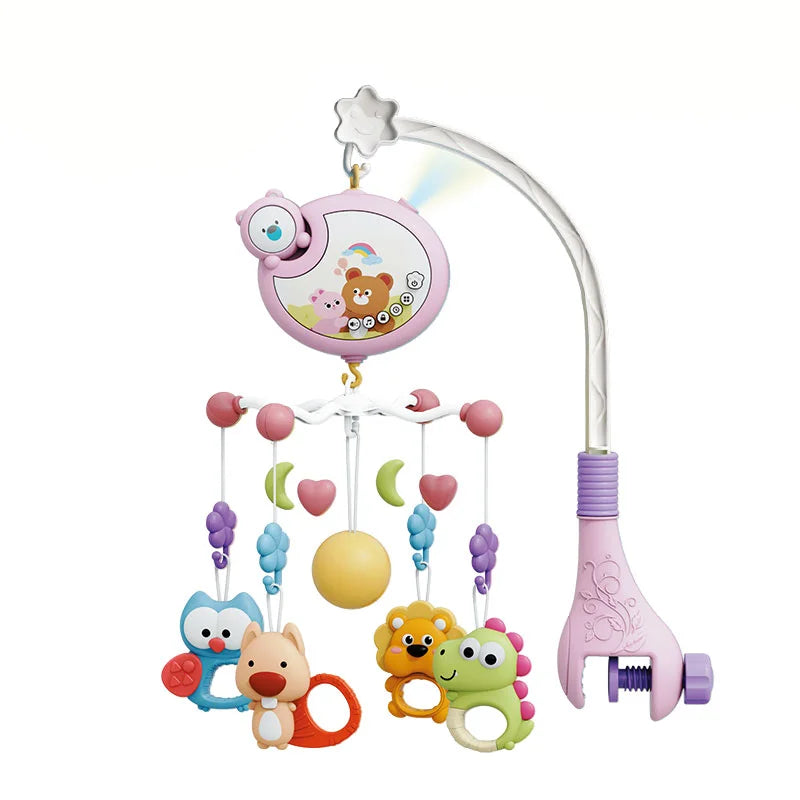 A pink musical baby crib mobile with a night light projector and soothing sounds featuring various animal figures.