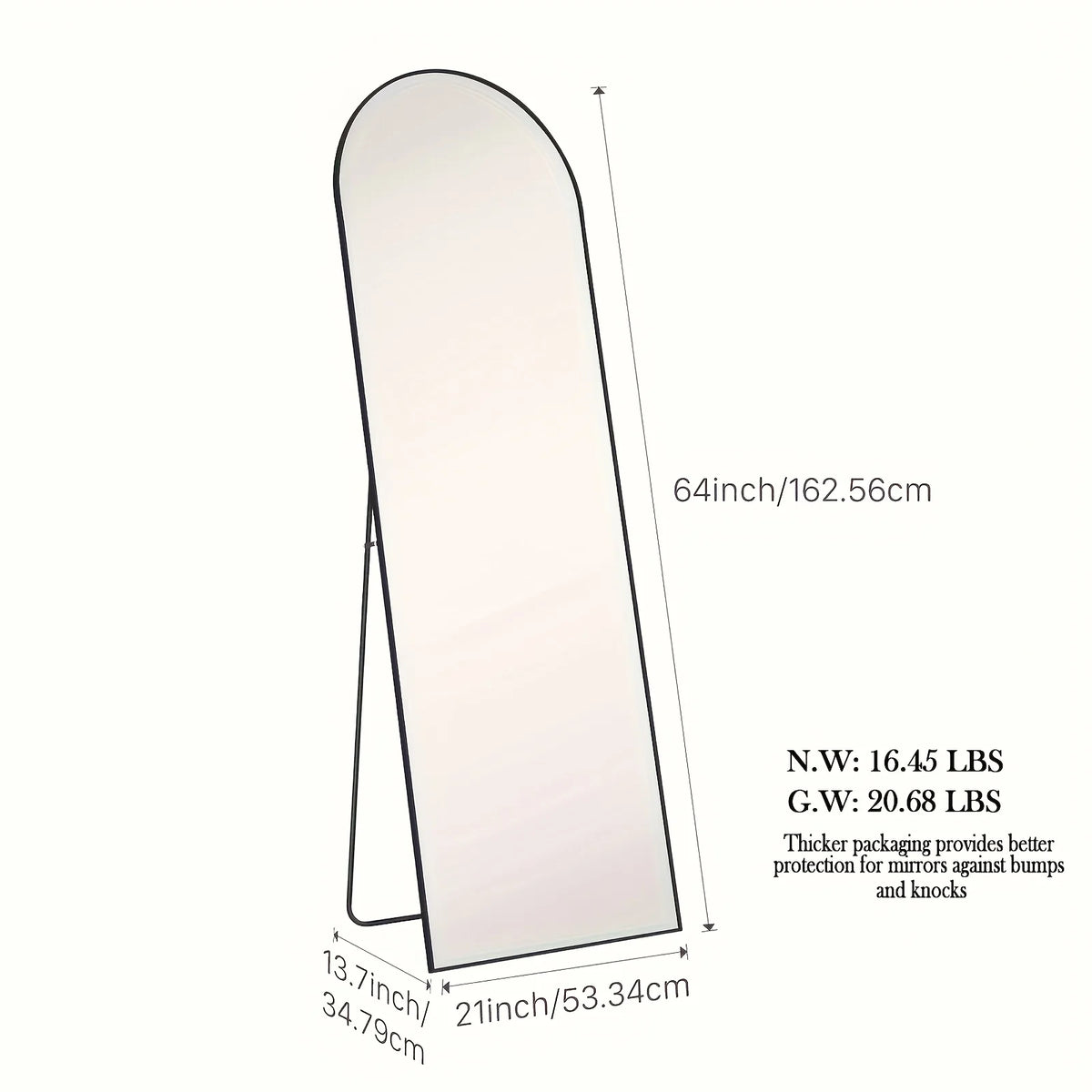 An arched full-length floor mirror with an aluminum frame shown in a side view.