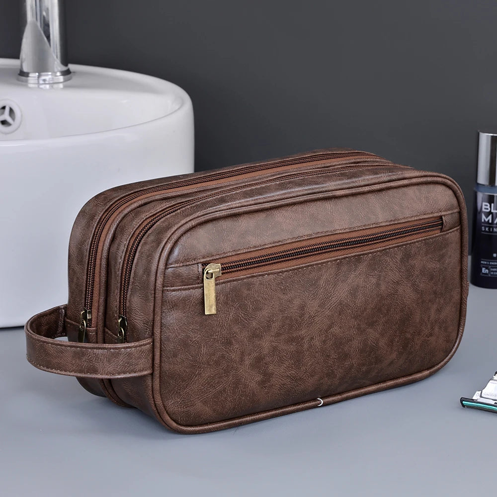 Premium PU Leather Double-Layer Toiletry Bag for Travel