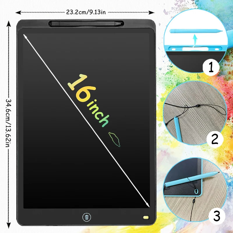 A black LCD writing tablet displaying a diagonal measurement line and showing three usage steps with a stylus pen.