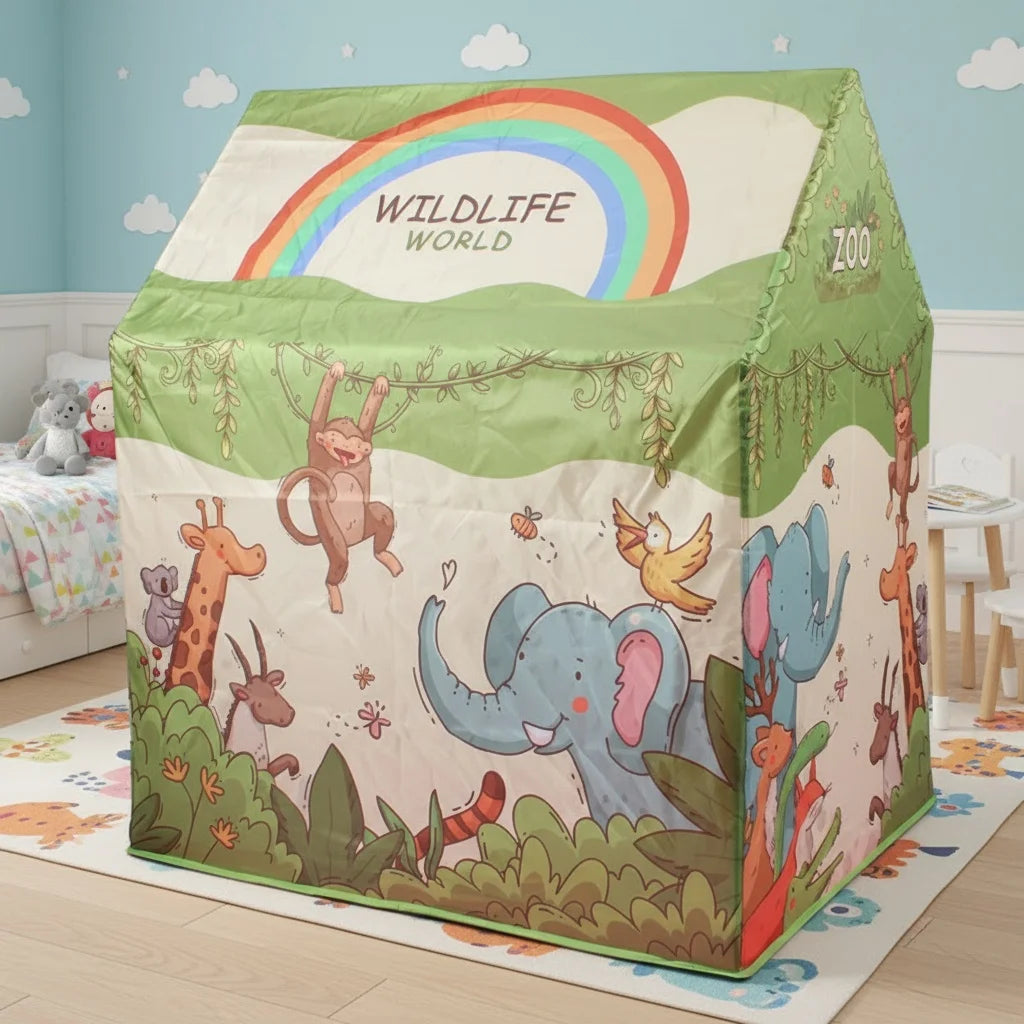 A green foldable play castle tent decorated with colorful wildlife and a rainbow for indoor and outdoor adventure.