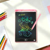 A pink portable LCD drawing tablet displaying a colorful angel design on a white surface.